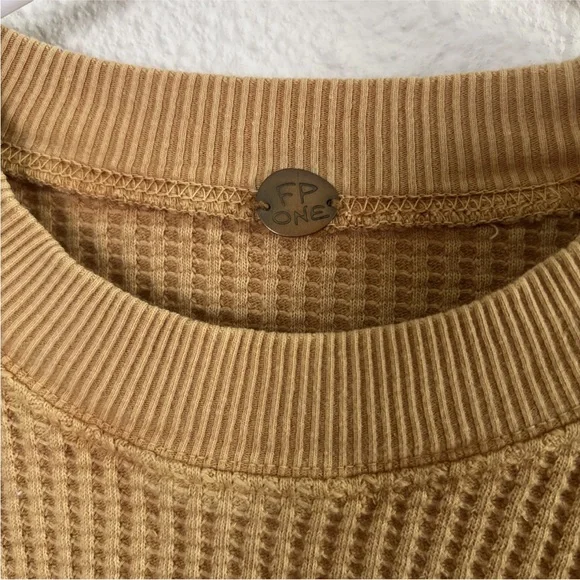 Free People FP One Womens Top XS Mustard Tasha Waffle Thermal Long Puff Sleeve - Picture 2 of 10